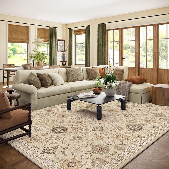 Machine Washable Rug for Living Room: 8x10 Area Rugs Boho Vintage Rug Stain Resistant Non Slip Low Pile Soft Lightweight Carpets for Bedroom Kitchen Dining Room Nursery Kids Room Farmhouse