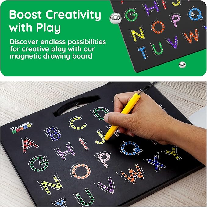 PicassoTiles Magnetic Alphabet Board 12x10 in Dual Sided Learning Pad with Upper and Lowercase Letter Tracing Stylus Pen Reusable Erasable Educational Toy Kids Preschool Montessori Writing Tool PTB03