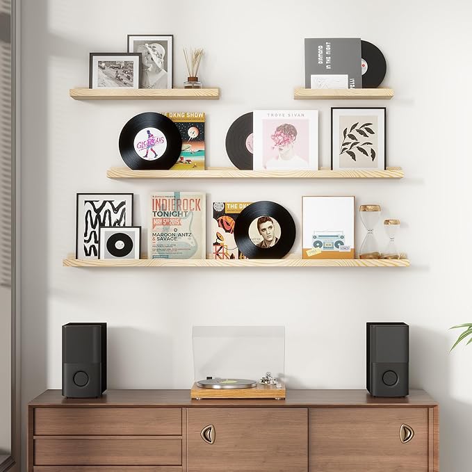 Picture Ledge Shelf for Wall, 36 inches Solid Pine Wood Nursery Book Shelves 3 Packs, Floating Ledge Shelves for Kids' Room Bedroom Bathroom Living Room Photo Frames Office Nursey Wall Decor, Natural