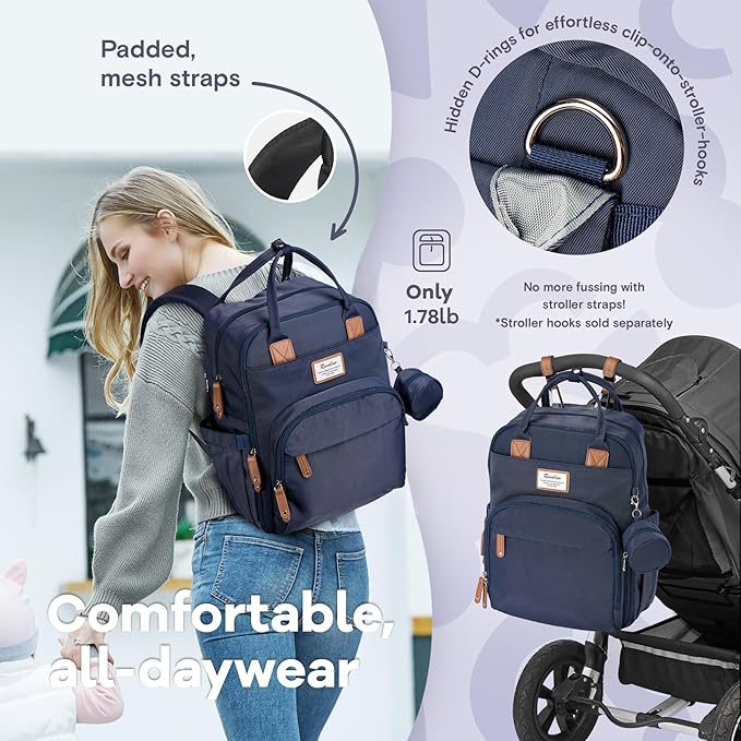 RUVALINO Diaper Bag Backpack, Multifunction Travel Back Pack Maternity Baby Changing Bags, Diaper Changing Totes, Waterproof and Stylish, Navy Blue