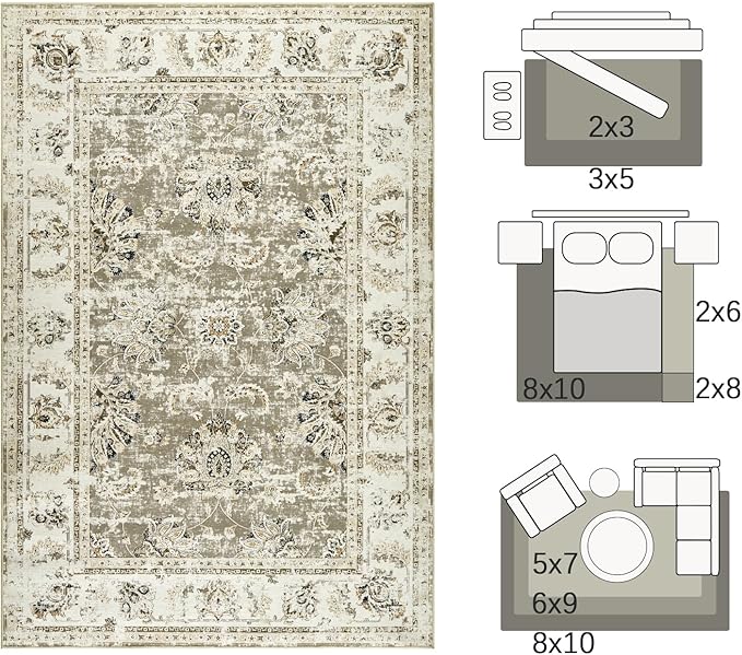jinchan Washable Area Rug 8x10 for Living Room - Soft Faux Wool Ultra-Thin Stain Resistant Non-Slip Distressed Vintage Floral Large Carpet for Bedroom,Dining Room,Home Office,Nursery(Taupe, 8'x10')