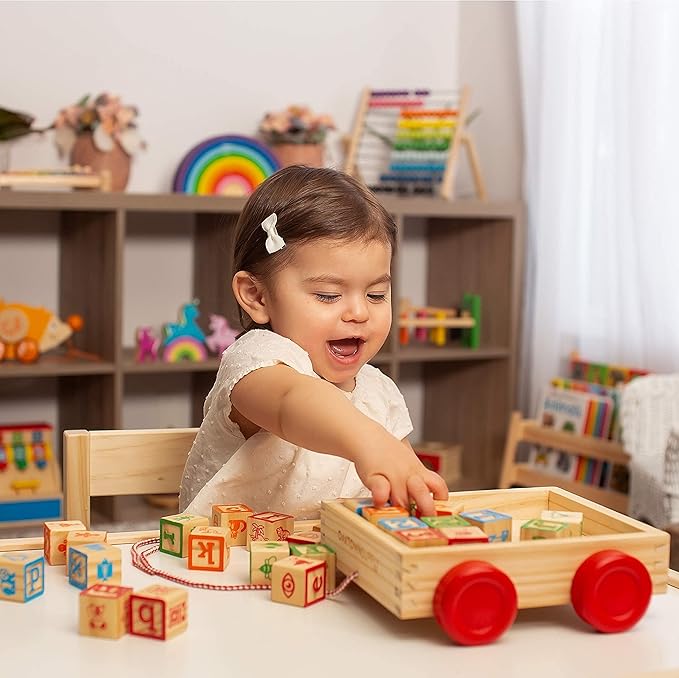 Building Blocks for Toddlers 1-3 Years Old, 30 Large Stackable Wooden Baby Blocks with Alphabet and Number Icons on Every Side, Toy Wagon Included﻿