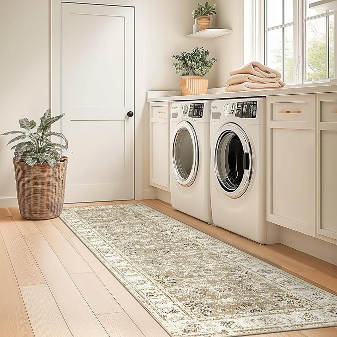 jinchan Runner Rug 2x6 Machine Washable Hallway Rug Taupe Vintage Floral Print Non-Slip Low Pile Ultra-Thin for Kitchen,Entryway,Laundry Room,Bedroom,Farmhouse (2‘x6’,Taupe)