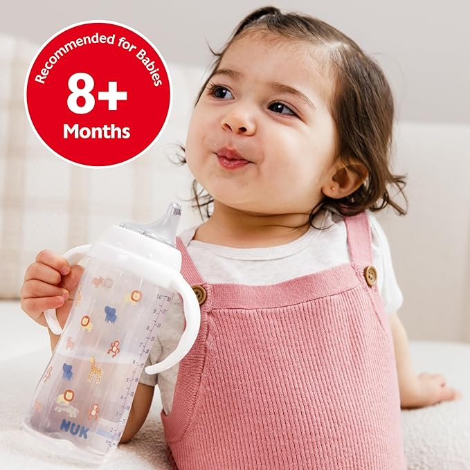 NUK Learner Cup, 8+ Months, Fun Fruits and Animals, Amazon Exclusive Collection, 10 Oz, Pack of 2, BPA-Free, Soft Spout, Spill Proof Sippy Cup