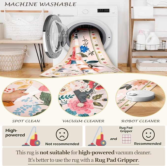 Floral 2x3 Area Rug Machine Washable Soft Print Boho Carpet Non Slip Doormat Low Pile Flower Area Rugs for Living Room Bedroom Nursery Kitchen Dining Room Indoor-Pink