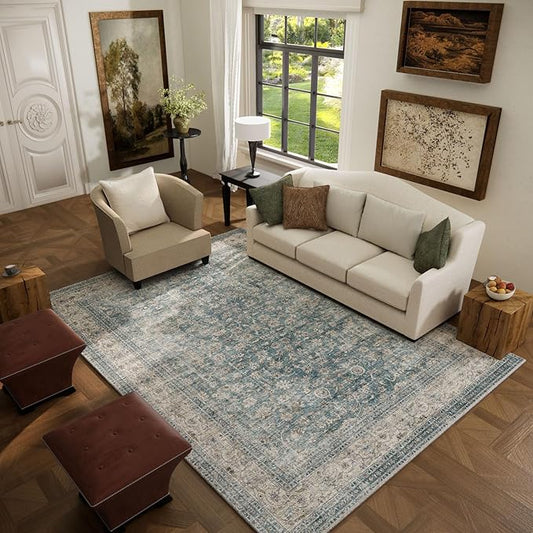 Machine Washable Living Room Rug: 5x7 Area Rugs for Bedroom Vintage Stain Resistant Non Slip Low Pile Lightweight Boho Carpet for Kitchen Dining Room Farmhouse Kids Room Nursery