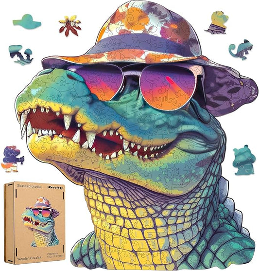 Wooden Puzzles for Adults, Glasses Crocodile Jigsaw Puzzles 200 Pieces Animal Unique Shaped Wood Cut Puzzle Gifts for Adults and Kids, Family Puzzle Games