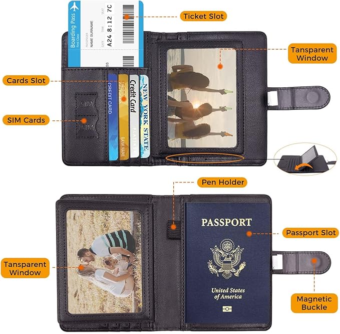 Melsbrinna Rfid Passport Holder for Travel women/Men, Cute Passport Wallet Rfid Blocking Card Slots, Rfid Passport Cover/CaseTravel Wallet, Passport Book Holder (1, LG BLACK)