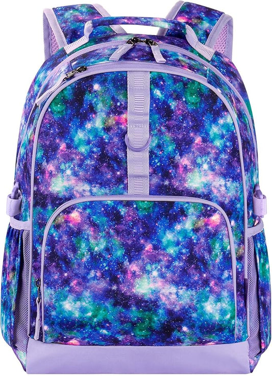Choco Mocha Galaxy Backpack for Girls, Elementary School Backpack for Girls Ages 6-8 Kids Kindergarten Backpack Large Bookbag 18 Inch with Chest Strap, Purple
