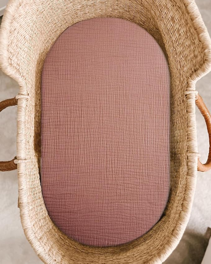 Bassinet Sheet for Baby Boy and Girl, Fitted Sheets for Rectangle, Oval, Hourglass Bassinet Mattress, Muslin Moses Basket Sheets with Neutral Style (Dusty Rose)