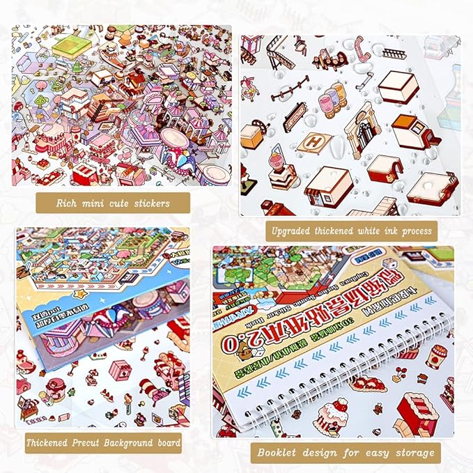 Sticker Therapy 3D Scenes – 6 Sets Large Size DIY 3D Sticker Scene with Tweezer for Adults & Kids Relief Stress Pass The Time, Cute Miniature House & Room Material Collection Book 01