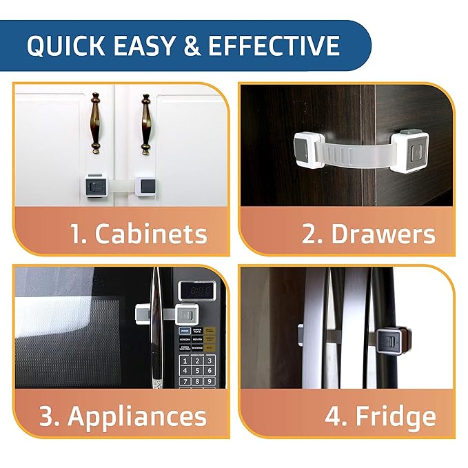 Child Safety Locks (4-Pack) - Baby Proof Cabinets, Drawers, Toilets & Appliances- Adjustable Strap Length, Double Lock Option - Easy Latch for Adults to Open