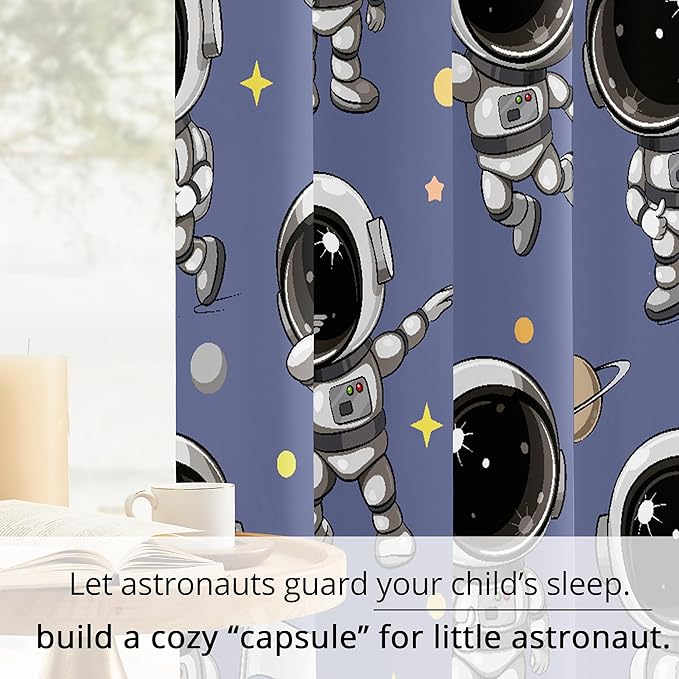 Kids Space Astronaut Blackout Curtains - 100% Blackout, Thermal Insulated, Noise Reducing, Perfect for Kids Room and Nursery, 2 Panels (Spacewalk Buddies, W52×L63)