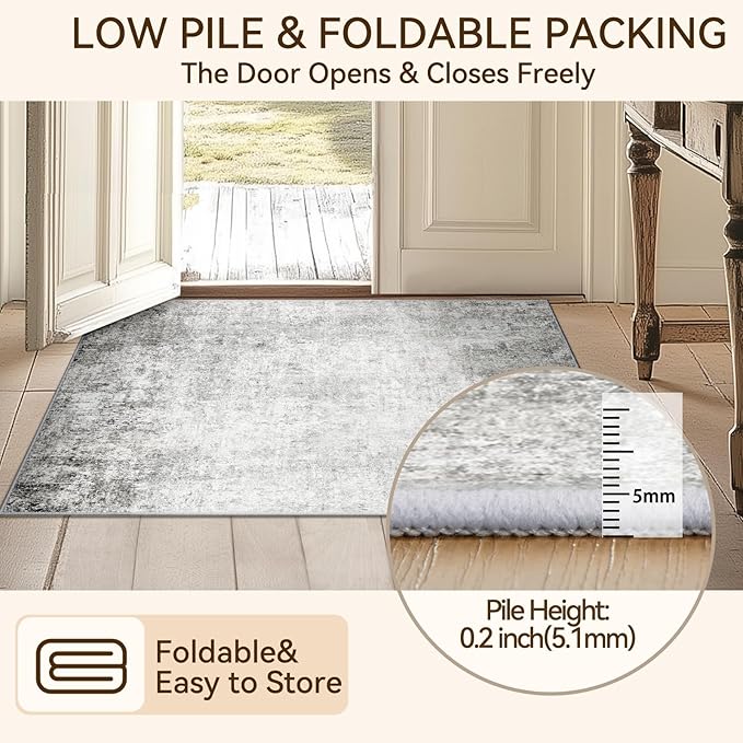 Washable Area Rugs 2'x10' Non-Slip Modern Abstract Soft for Living Room Entryway Bedroom Nursery, Print Pattern, Gray White Grey