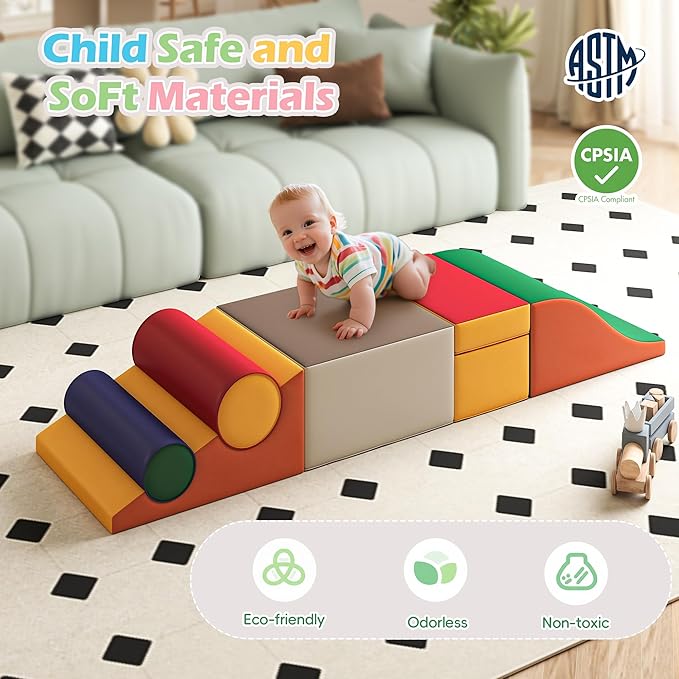 Soft Climbing Toys for Toddlers, Soft Foam Climbing Blocks, PU Leather Gym Climb & Crawl Soft Activity Playset, Indoor Climbing Toys Equipment for Kids and Children, Classic Grey, Macaron