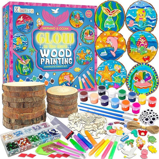 klmars Mermaid Themed Wooden Painting Kit-Glow in The Dark-Arts & Crafts Gifts for Kids Girls Ages 6-12-Wood Slice Craft Activities Kits -Mermaid Art Toys for Kids Christmas Gifts