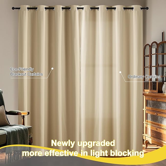NICETOWN Full Blackout Curtains 96 inches Long for Living Room - Grommet Privacy Window Treatment Drapery Thermal Insulated Curtains for Bedroom, 1 Pair, 52W x 96L, Biscotti Beige