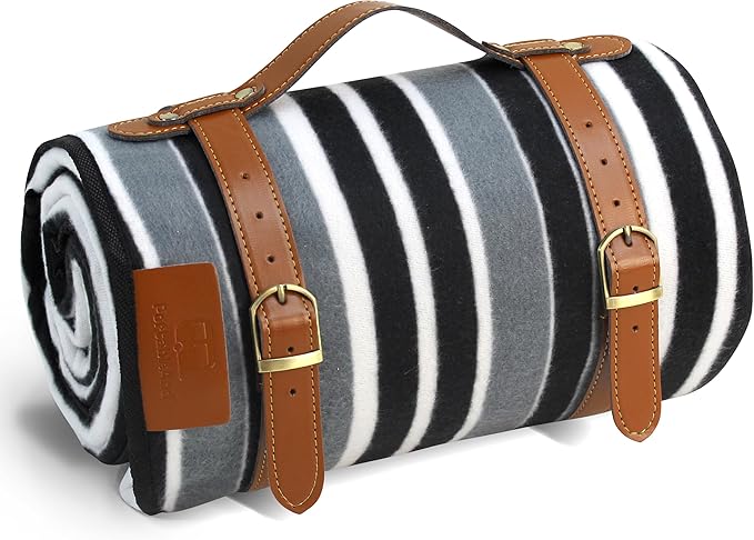 PortableAnd Extra Large Picnic & Outdoor Blanket 3 Layers for Water-Resistant Handy Mat Tote Spring Summer Black and White Striped Great for The Beach,Camping on Grass Waterproof Sandproof