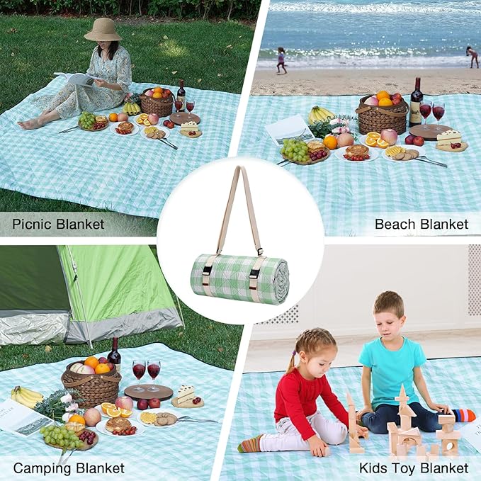 Picnic Blanket, 80''x80'' Waterproof Outdoor Blankets, Picnic Mat Washable for Beach, Picnic Blankets for Camping on Grass with Shoulder Strap - Green & White