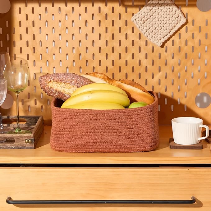 Small Storage Baskets for Organizing | Closet Organizer Bins | Shelf Toy Basket | Woven Rope Baskets | Cube Decorative Box | Shallow Basket | 11.5x7.5x4.7” | 4 Packs Oxide Red