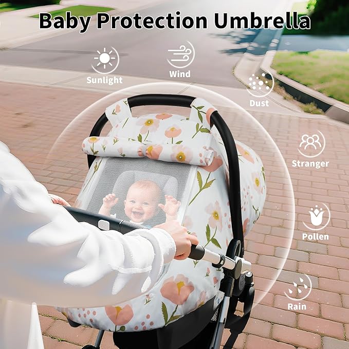 Elstey Car Seat Cover Baby, Minky Dot Carseat Covers Baby Girls, Lightweight Infant Car Seat Cover Canopy with 2 Layers Breathable Mesh Windows, Stroller Carrier for Babies Newborn Essentials