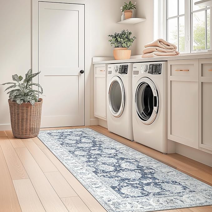 jinchan Runner Rug 2x6 Machine Washable Hallway Rug Dark Blue Vintage Floral Print Non-Slip Low Pile Ultra-Thin for Kitchen,Entryway,Laundry Room,Bedroom,Farmhouse (2‘x6’,Dark Blue)