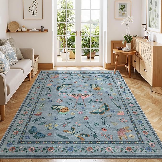 6x9 Rugs for Living Room with Insect Print - Bug Rug Non-Silp Stain Resistant Soft Carpet for Bedroom, Low Pile Ultra-Thin Machine Washable Carpet for Dining Room, Kids Nursery, Office (6'x6' Blue)