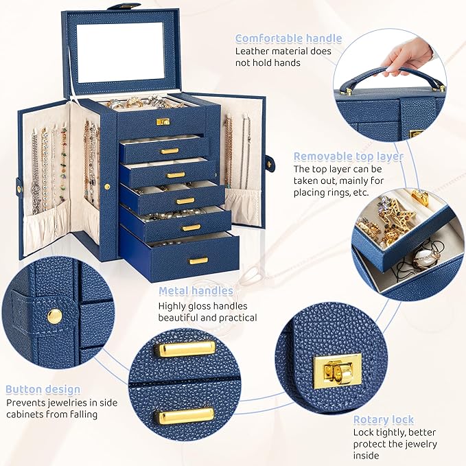 AKOZLIN Jewelry Box Organizer Functional Leather Jewelry Storage Case for Women Girls Ring Necklace Earring Bracelet Holder Organizer with Mirror Blue