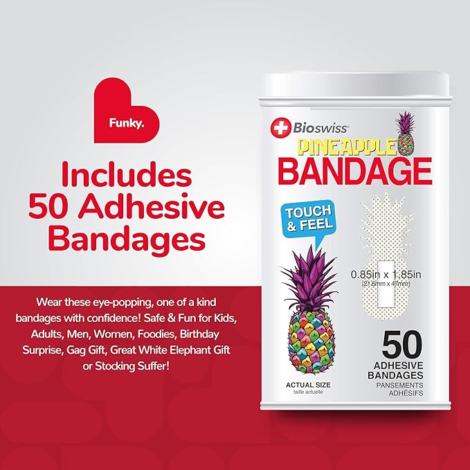 BioSwiss Bandages, Pineapple Shaped Self Adhesive Bandage, Latex Free Sterile Wound Care, Fun First Aid Kit Supplies for Kids, 50 Count