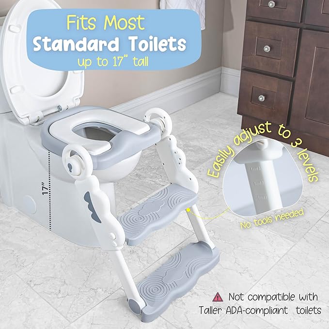 Musical & Sound Toddler Potty Training Seat w/Step Stool Ladder - Collapsible & Adjustable Toilet, Pre Assembled Toddler Toilet Seat w/Music & Sounds - Splash Guard & Anti-Slip Steps - Gray