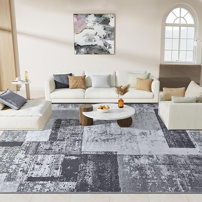 LOCHAS Rug for Living Room, Washable Soft Area Rugs for Bedroom 5x8, Abstract Carpet for Indoor Office Kids Dining Room Nursery Floor, Grey Geometric Vintage Home Decor, Non Slip, Pet Child Friendly