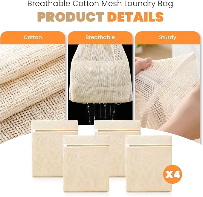 4Pcs Large Cotton Mesh Laundry Bags for Delicates,Breathable Mesh Garment Bag for Washing Machine,Travel Wash Bags with Zipper for Bras,Underwear,Socks,Clothes,Laundry Dorm Room Essentials(XL)