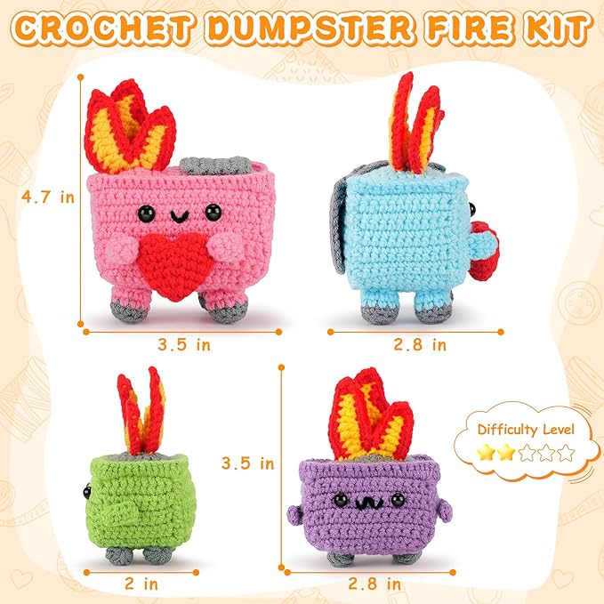 Crochet Kit for Beginners - 4PCS Dumpster Fire Complete Crochet Starter Kit with Step-by-Step Video Tutorials, Beginner Crochet Kits for Adults Kids Women, Funny Crochet Gifts
