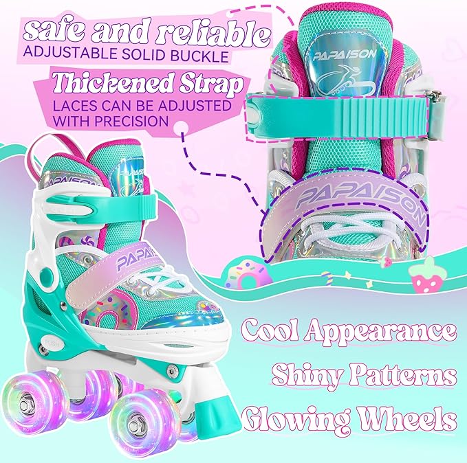 PAPAISON Adjustable Roller Skates for Girls Illuminating Wheels, Kids Toddler Rollerskates Ages 4-6 5-8 8-12