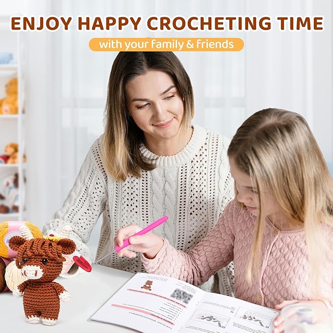 Mewaii Crochet Kit for Beginners Level 3 with 40% Extra Eco-Friendly Pre-Started Easy Yarn, Step-by-Step Video Tutorials for Adults and Kids (Hug Highland Cow)