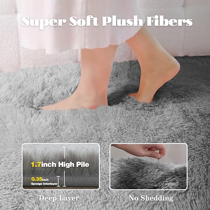 2x6 Runner Rug for Bedroom: Fluffy Shag Soft Washable Rugs Small Fuzzy Plush Indoor Carpet for Hallway Bedside Dorm Kids Girls Boys Room (Grey, 2'x6')