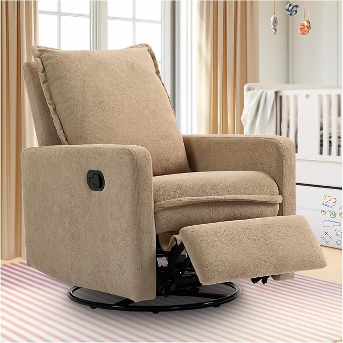Swivel Rocking Recliner Chair for Nursery, Upholstered Glider Rocker Recliner, Swivel Reclining Chair for Nursery Living Room Bedroom, Camel Short Plush