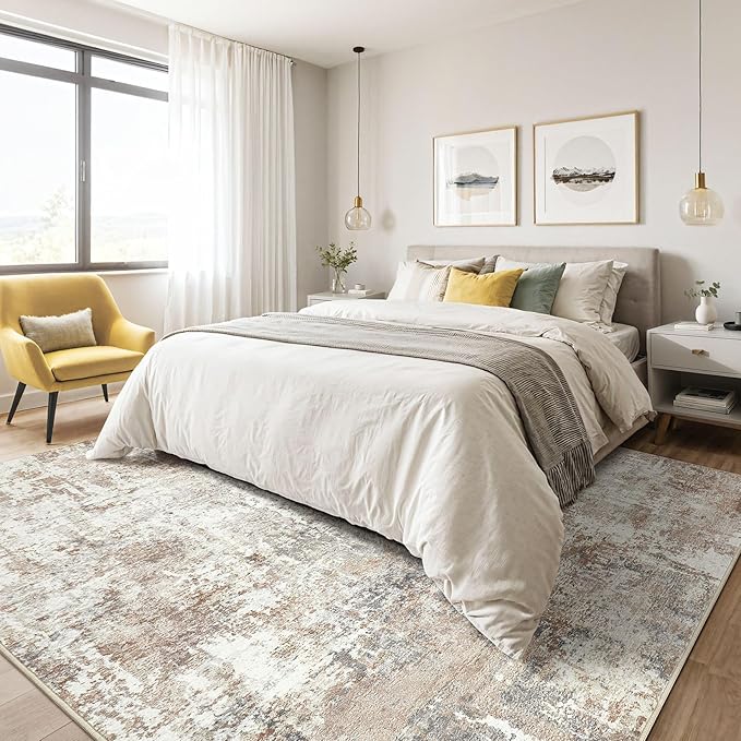 6x9 Area Rugs Washable Rug: Large Abstract Modern Soft Stain Resistant Indoor Floor Non Slip Accent Carpet for Living Room Bedroom Nursery Playroom Dining Room Office Dorm Home House Decor- Brown