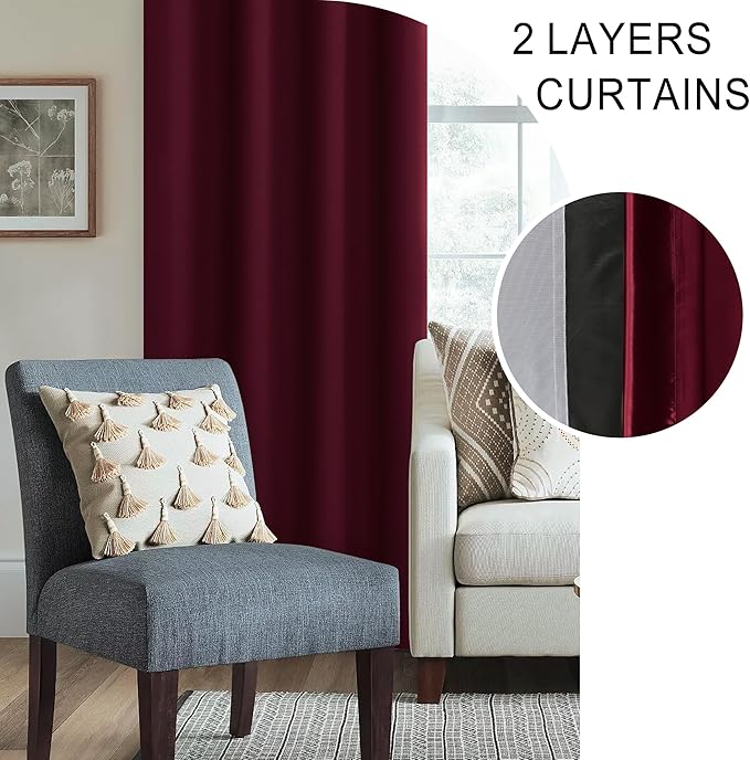 XWZO 100% Blackout Curtains with Tiebacks- 2 Thick Layers Completely Shaded Window Treatment，Rod Pocket Thermal Insulated Lined Drapes for Bedroom/Patio Door, Burgundy, W42 x L84, Set of 2 Panels