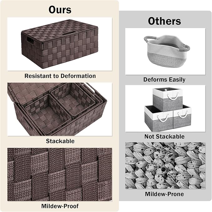 Storage Bins Baskets for Organizing with Lids, Storage Baskets for Shelves Stackable Woven Basket, Gift Small Basket Storage Cubes, Decorative Wicker Basket with Built-in Handles (5 Pack, Brown)