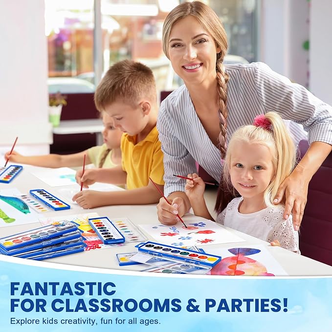 36 Pack Watercolor Paint Set, Washable Watercolor Paint Bulk for Kids, Water Color Paint with Paint Brushes, Ideal Gifts for Party Favors, School Supplies & Classroom Prizes, Art Activities, 8 Colors