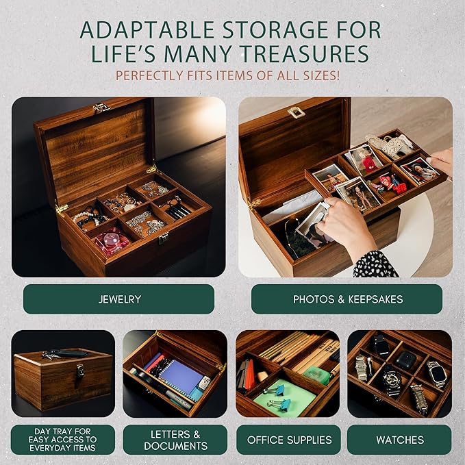 Public House Locking Wooden Keepsake Box, Customizable Design With Adjustable Tray. Large Wooden Box with Hinged Lid for Wedding and Memory Keepsakes