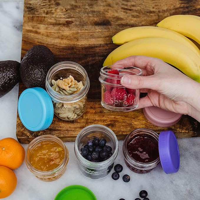 WeeSprout Baby Food Storage Glass Jars w/Lids (4 oz, 24 Pack) Matte Variety, Snack, Reusable Small Containers, Fridge or Freezer, Microwave & Dishwasher Safe, Essentials for Infants