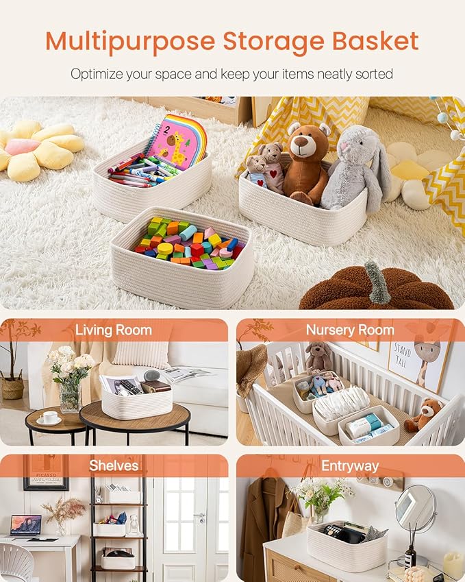 KALLAX Small Woven Basket, 13.5 x 9.5 x 5 Inches, Storage Basket for Organizing, Cute Small Rope Shelf Closet Cube Storage Bins Baskets for Shelves, Dog Toy Gift Baskets Empty, 3 Packs, Off White