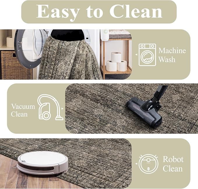 Washable Rugs 5x7 Area Rugs for Living Room, Thin Carpet for Bedroom, Soft Faux Wool Retro Dining Room Rug，Non Slip&Non-Shedding Resistant Low Pile Vintage Print Rug for Home Office (Brown)