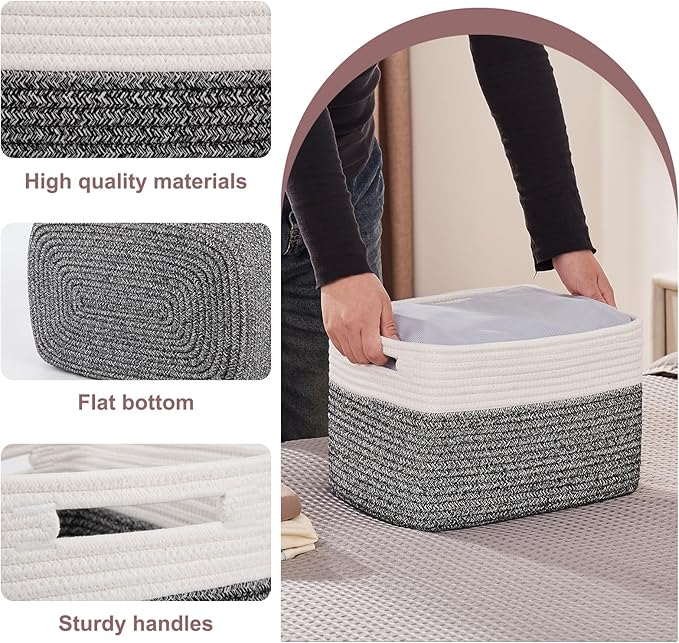 OIAHOMY 4 Pack Storage Baskets for Organizing, Basket for Shelves with Handle, Woven Baskets for Storage Toys, Towels, Books, Cotton Rope Basket 13" L x 9 " W x 7.8 " H, Black & White
