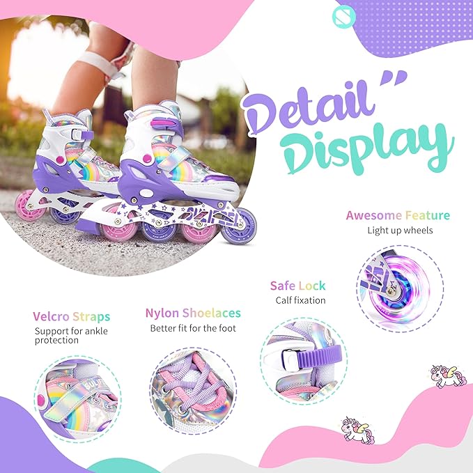SULIFEEL Rainbow Unicorn Inline Skates for Girls Boys 4 Size Adjustable Light up Wheels Skates for Kids Beginner