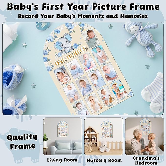 R HORSE My First Year Photo Display Wood Board - 3D Blue Elephant Baby's First Year Picture Frame, 12 Months Milestone Board Neutral Baby Keepsake Gift 1st Birthday Nursery Decor for Boy Girl