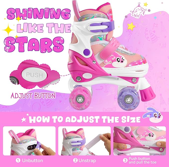 PAPAISON Adjustable Roller Skates for Girls Illuminating Wheels, Kids Toddler Rollerskates Ages 4-6 5-8 8-12