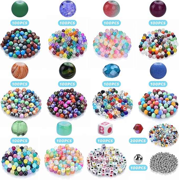 Glass Beads for Jewelry Making,1400Pcs Over 120 Different Pattern Beads Bulk, Include Crystals Beads, Crackle Beads, Letter Beads, Bicone Bead, Spacer Beads for Bracelet Earring Necklace DIY Crafts